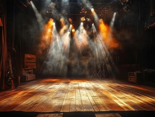 Empty stage with spotlights and smoke, perfect for music and theater performance.