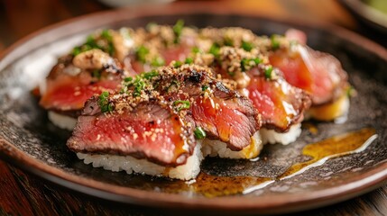 A plate of sushi topped with thin slices of seared beef and drizzled with truffle oil, combining Japanese and French culinary traditions