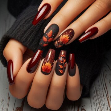 dark red nails with autumn manicures decoration orange leaves