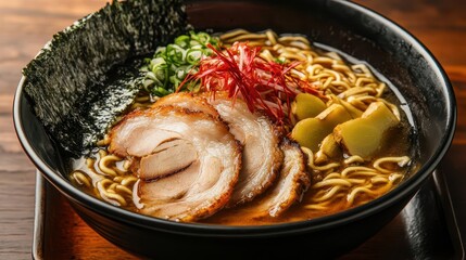 Tonkotsu ramen with tender pork slices, rich bone broth, and a medley of garnishes, including pickled ginger and scallions, presented in an authentic Japanese bowl