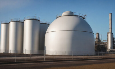 Obraz premium Large, white storage tanks and a dome-shaped structure stand on a clear day