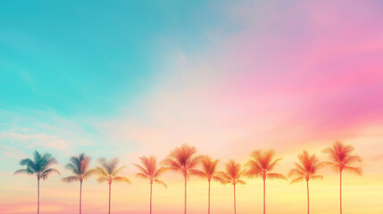 Obraz premium A row of palm trees are lined up in a row, with the sky behind them