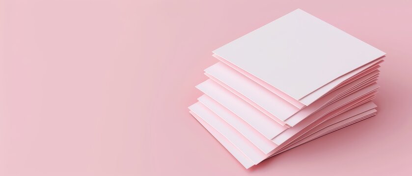 Fototapeta A stack of blank, pastel pink sheets on a soft pink background, ideal for creative projects, stationery, or minimalistic design.