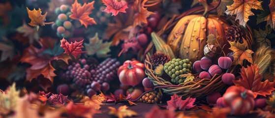 Fototapeta premium A vibrant autumn scene featuring a basket filled with colorful fruits and decorative leaves, capturing the essence of fall harvest.