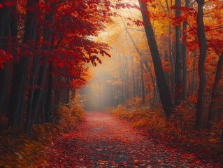 Fototapeta premium Misty forest path covered with red autumn leaves illuminated by soft sunlight through trees, Ai Generation