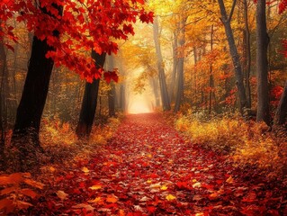 Fototapeta premium Misty forest path covered with red autumn leaves illuminated by soft sunlight through trees, Ai Generation