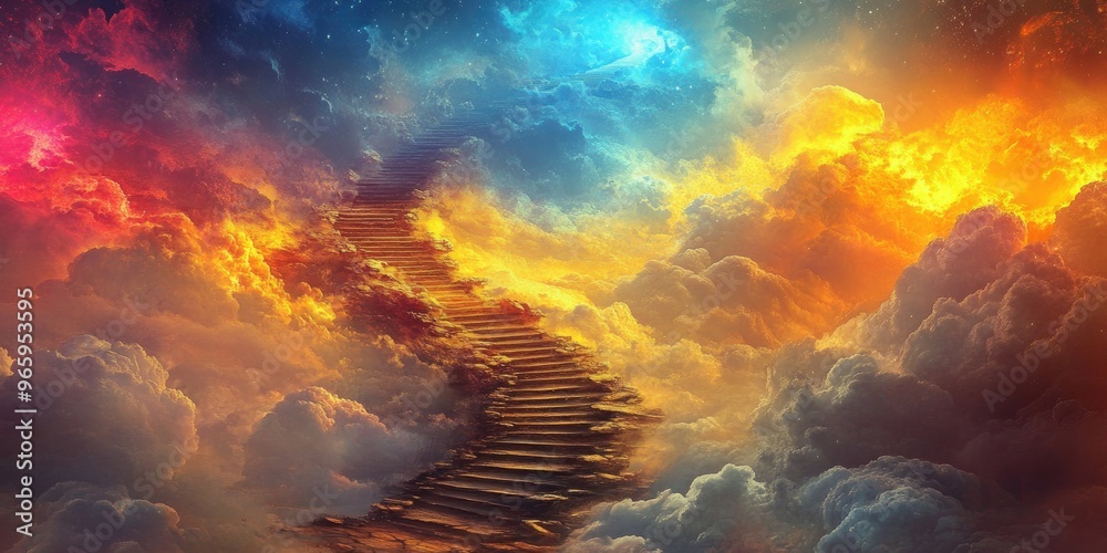 Sticker Stone Stairway Ascending Through Colorful Clouds