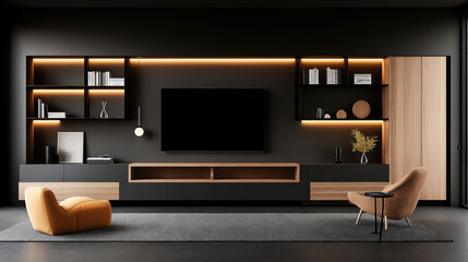 Modern living room interior with dark matte walls, wooden and black shelving units with integrated lighting, a large flat-screen TV