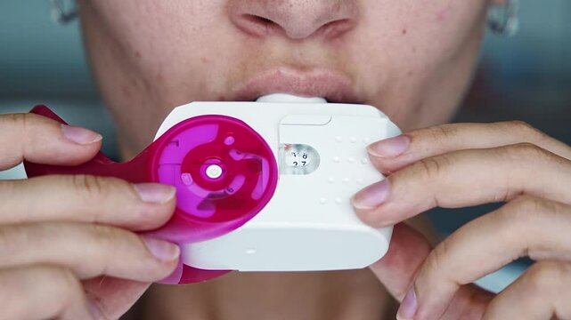 Close up view of woman using medicine dry powder inhaler for treatment asthma or COPD diseases. Pharmaceutical product is used to treat lung inflammation and prevent asthma attack.