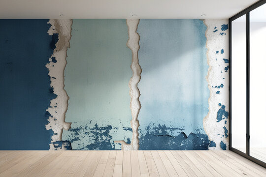 Empty foom with blue damaged wall