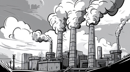 Black and white drawing of an industrial factory releasing smoke.