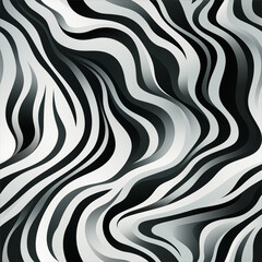 A seamless zebra-inspired pattern with black and white stripes, wavy and organic shapes, designed to repeat on all sides, bold and dynamic 