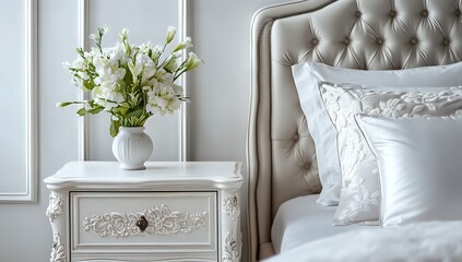 Elegant white bedroom with a tufted headboard and ornate nightstand.