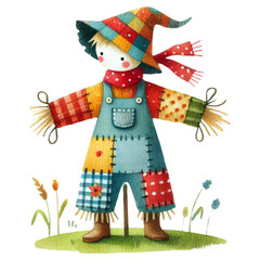 Cute watercolor illustration of a colorful scarecrow
