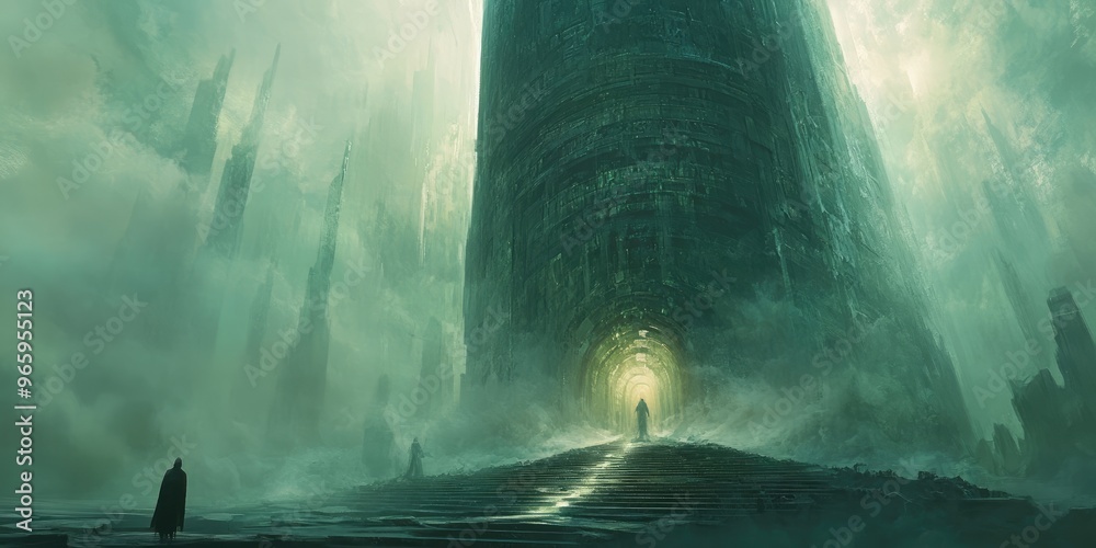 Canvas Prints Silhouetted Figures Approaching a Glowing Entrance in a Foggy, Green,  Otherworldly City