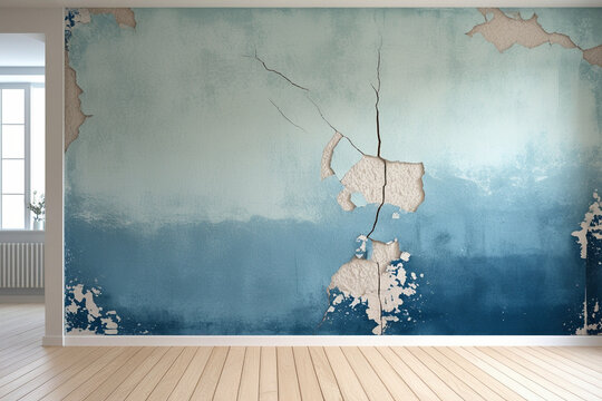 Empty foom with blue damaged wall