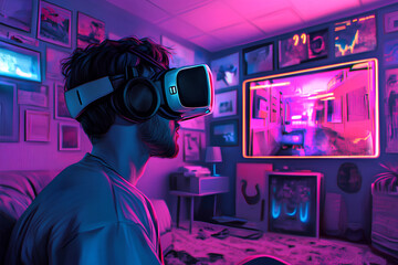 A person using virtual reality equipment, immersed in a vibrant gaming environment.