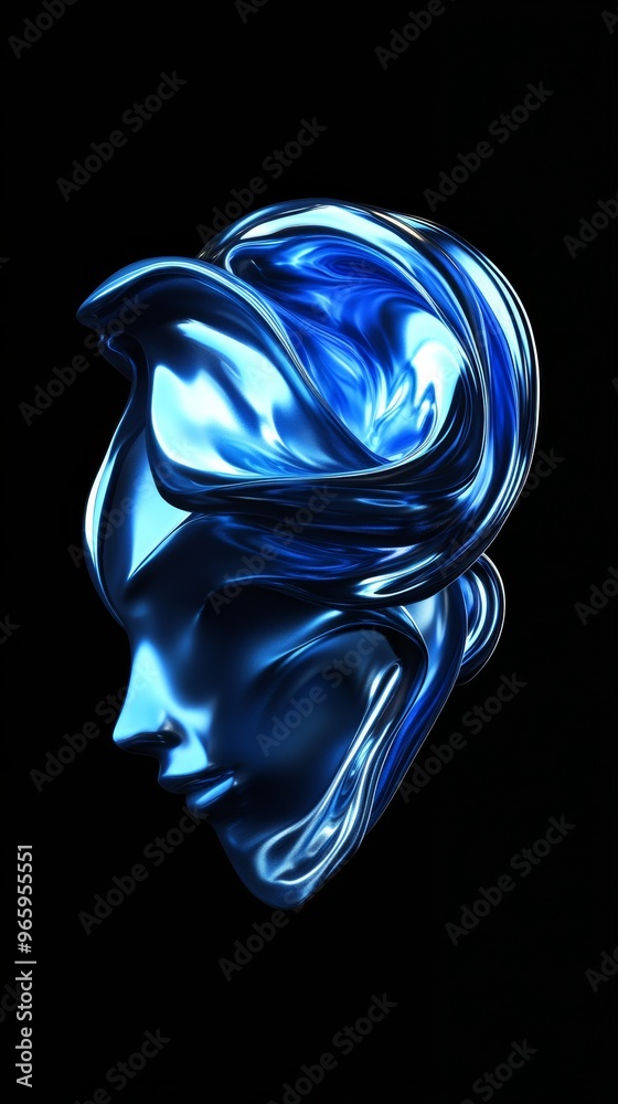 Poster Abstract metallic blue face forming from liquid metal