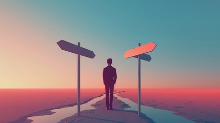 An abstract scene depicting a figure at a crossroads, representing decision-making and the pursuit of future paths.