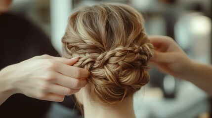 Fototapeta premium A hairdresser working on a clients updo, intricately pinning and twisting the hair for a special occasion.
