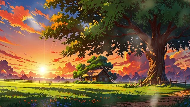 view of a wooden house under a large old tree with a sunset background, anime style. seamless looping 4k video background animation