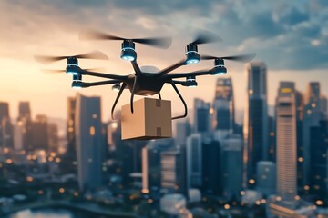 A drone delivering a package over a modern city skyline at sunset, showcasing urban logistics in action.