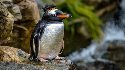 Naklejka premium Northern Rockhopper Penguin (Eudyptes moseleyi) on the beach of Gough Island.