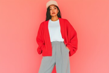 Fototapeta premium woman standing in a relaxed pose, wearing a bright red cardigan, white shirt, gray wide leg trousers, and a beige baseball cap