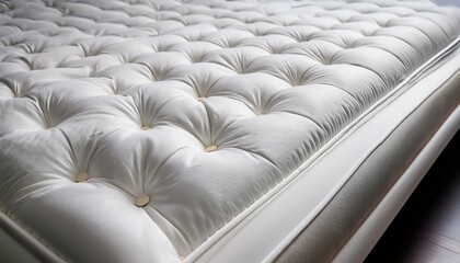 Obraz premium Close-up of a white mattress with tufted design, showcasing luxurious comfort and quality.