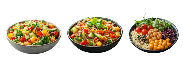 Assorted Quinoa and Vegetable Salad Bowls with Fresh Ingredients on transparent background. png file
