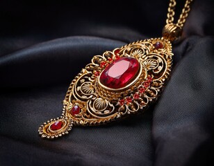 Close-up of an ornate gold necklace with red gemstones and intricate detailing, resting on a dark fabric background.