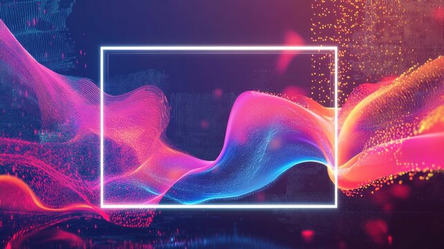 Vibrant abstract illustration depicting a digital realm with fluid elements a white frame and a digital wave representing the concepts of digital economy networking and cloud technology