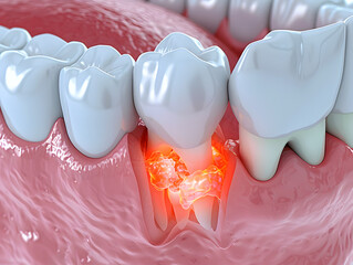 Detailed 3D rendering of an impacted wisdom tooth causing infection and inflammation, showcasing a common dental issue requiring surgery