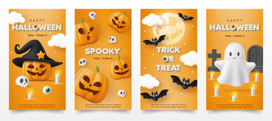 Set of 3d Happy Halloween invitation card template with pumpkin, moon, skull, cute ghost on orange background. Spooky party poster, online shop, sale promotion banner store, web and social media post