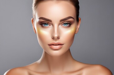 A close-up of a glamorous woman with flawless skin, captivating blue eyes, and perfectly applied makeup.