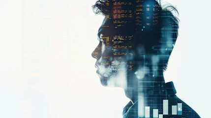 Profile silhouette with digital data overlay, symbolizing technology, finance, and innovation in a modern world.