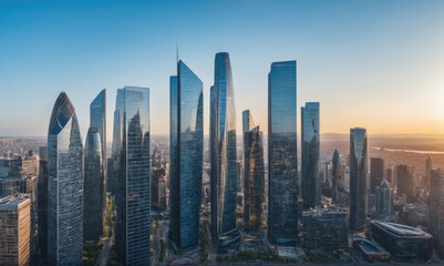 Plakat A panoramic view of the city skyline at sunrise, showcasing the towering skyscrapers and bustling urban landscape