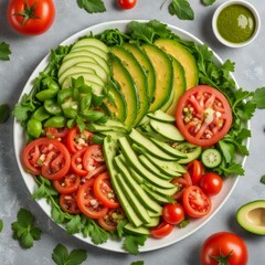 Healthy arugula salad with avocado, radish, bell pepper, tomato and Roquefort cheese,avocado salad vegan, avocado dish, fruit salad, guacamole, avocado