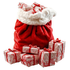 Red Santa Claus sack full of gifts isolated on transparent background. Cutout. PNG