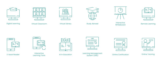 Interactive Digital Learning and Remote Education Icons