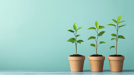 Three vibrant green plants in terracotta pots against a soft blue background, symbolizing growth and nature.