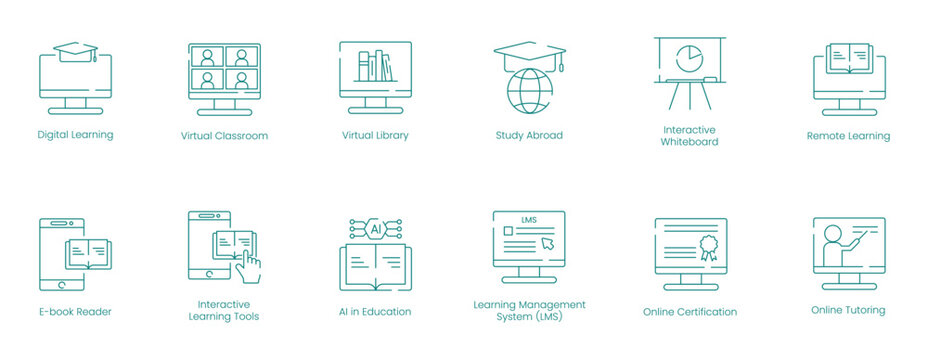 Interactive Digital Learning and Remote Education Icons