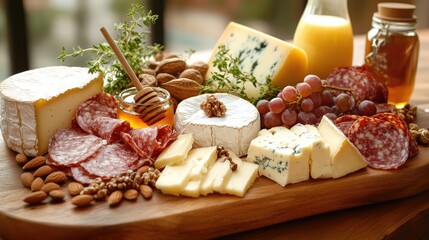 A variety of organic cheeses and charcuterie, including locally sourced honey and nuts, arranged on a wooden cheese board