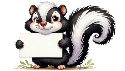 Fototapeta premium An adorable cartoon skunk with a playful expression holds a blank sign, surrounded by greenery, perfect for cheerful messages or announcements.