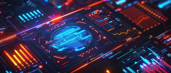 Obraz premium Futuristic technology background with vibrant neon lights, circuit patterns, and digital interface elements in a dark setting.