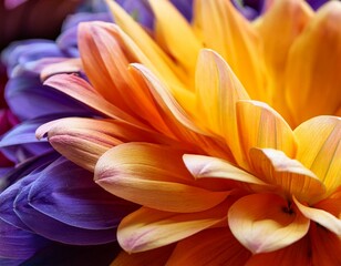 Close-up shot of vibrant, overlapping flower petals in shades of yellow, orange, and purple.