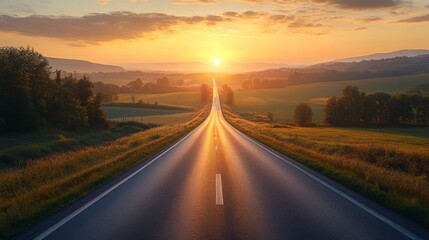 Road to the Sunrise Countryside Asphalt Path at Dawn