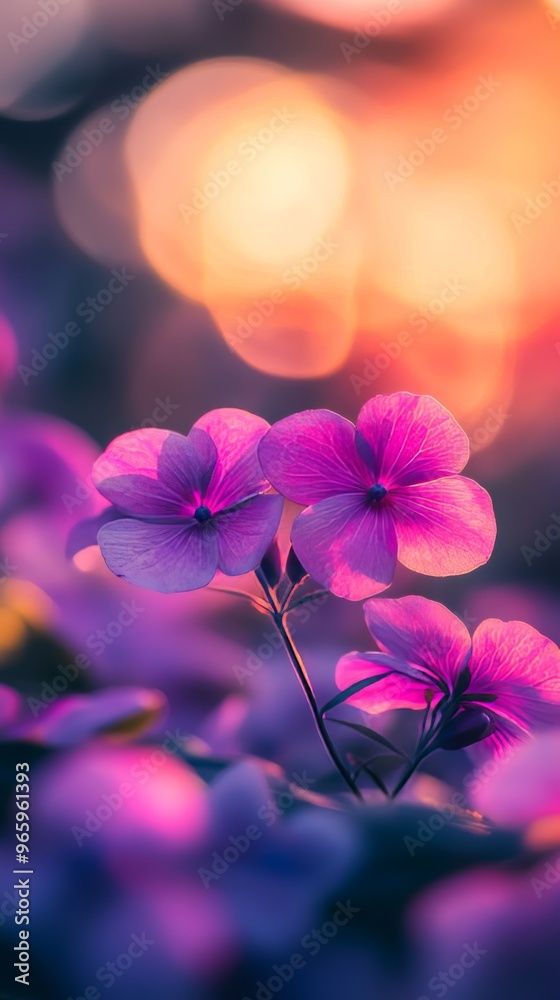 Poster Purple flowers blooming under golden hour sunset