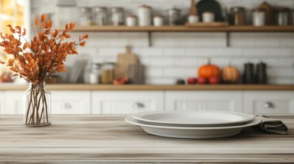 Rustic Thanksgiving table setting, country farmhouse kitchen, warm lighting, autumn harvest decor