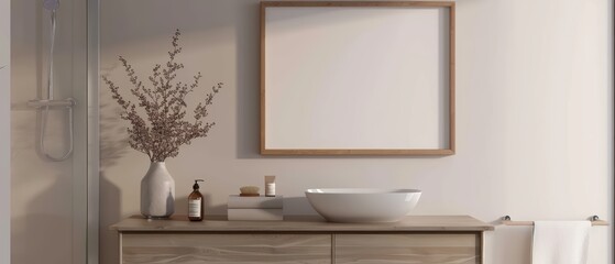 Modern bathroom design featuring a stylish vanity, elegant mirror, and minimalist decor for a serene atmosphere.
